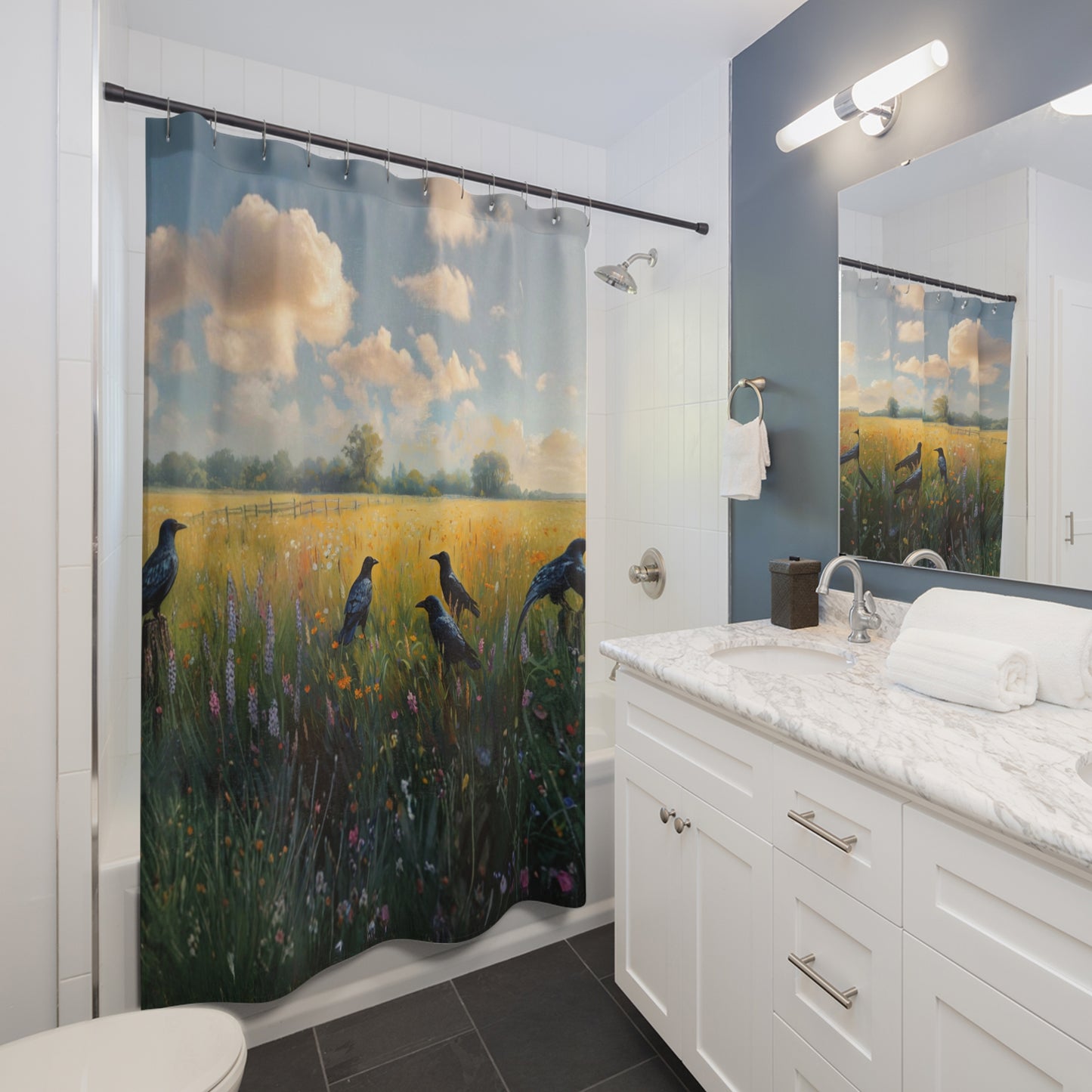Field of Crows Shower Curtain - Farmhouse Bathroom Decor