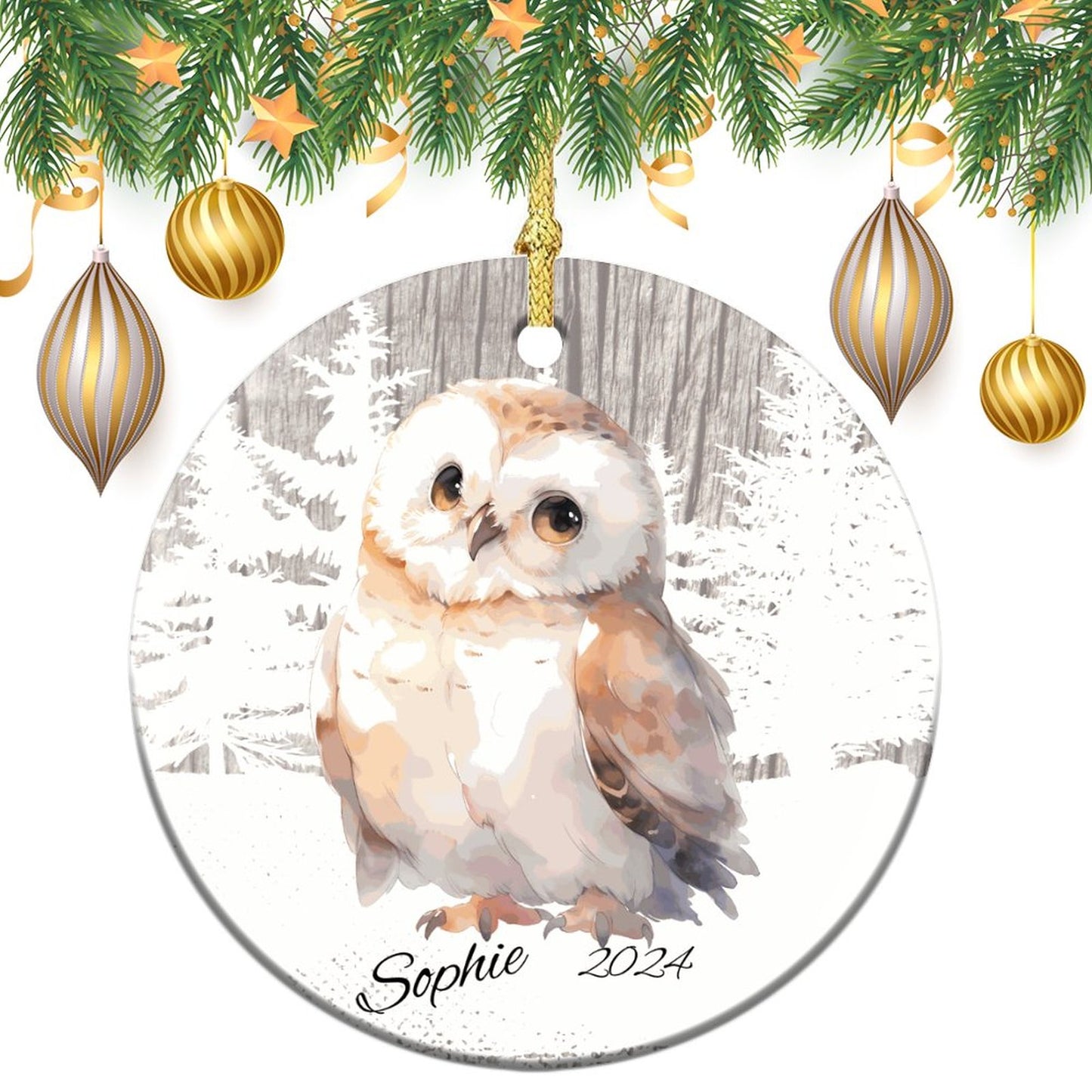 Cute Woodland Owl Round Christmas Ceramic Ornament