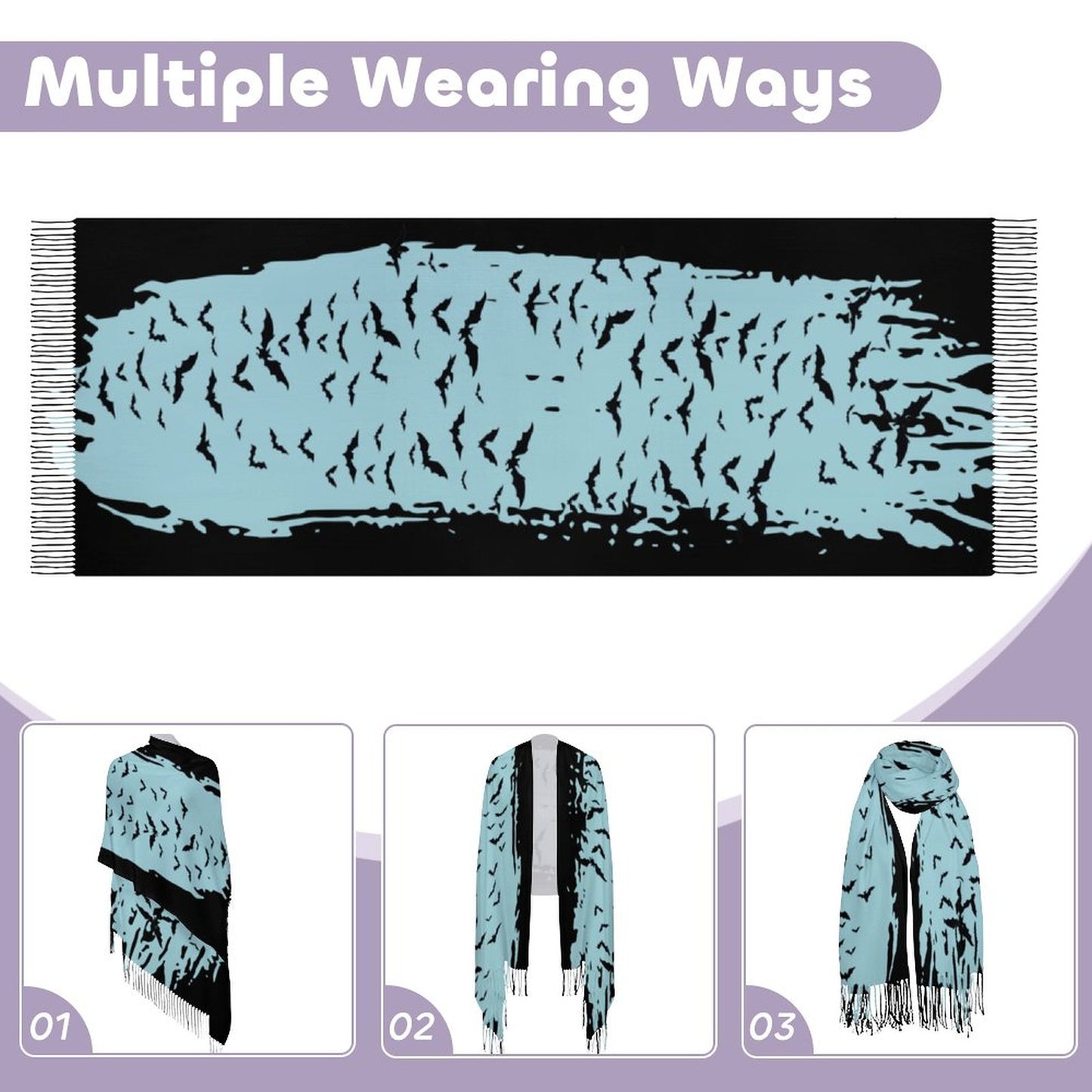 Cloud of Bats in Seafoam Cashmere-like Tassel Scarf (All-Over Printing)