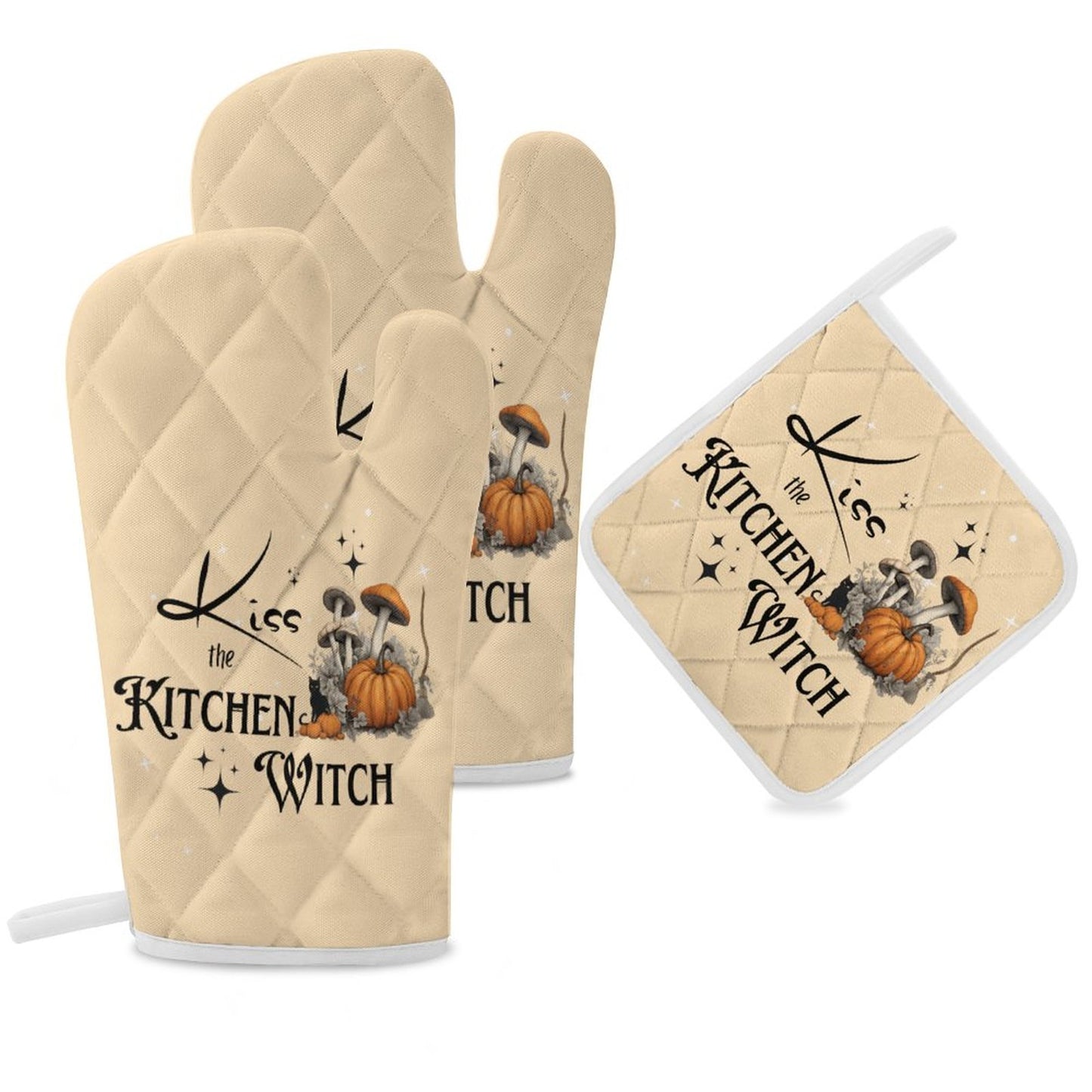 Kiss the Kitchen Witch Oven Mitts & Pot Holder Set of 3 (Multi-image Splicing)