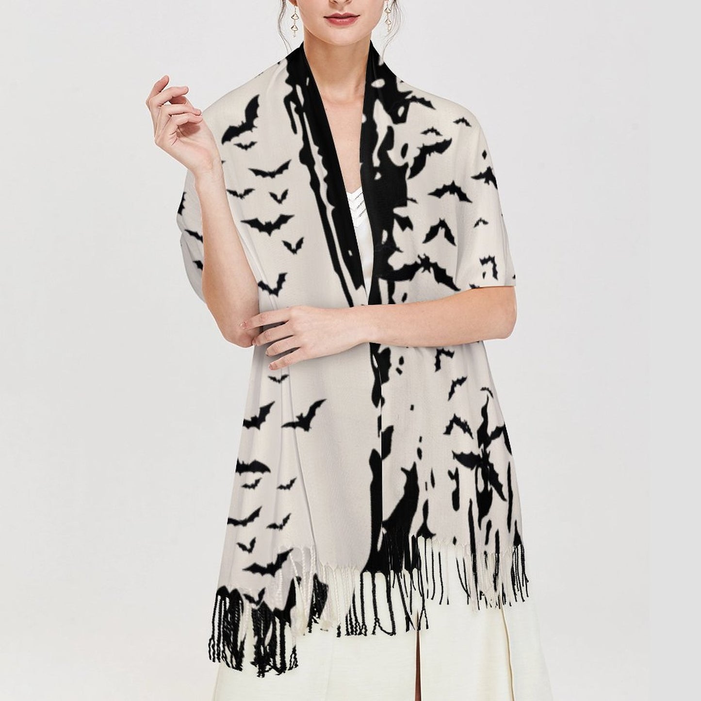 Cloud of Bats Cream Cashmere-like Tassel Scarf (All-Over Printing)