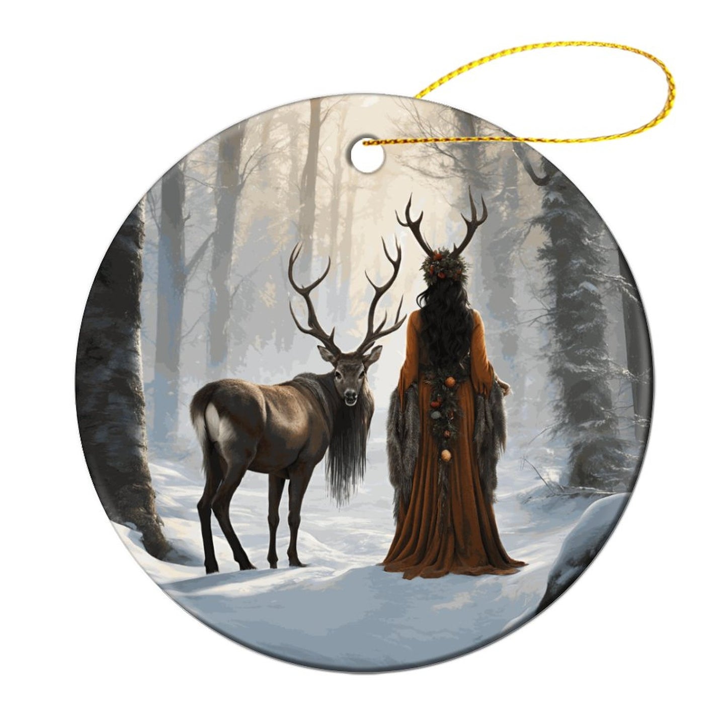 Autumn Yule Morning Round Christmas Ceramic Ornament