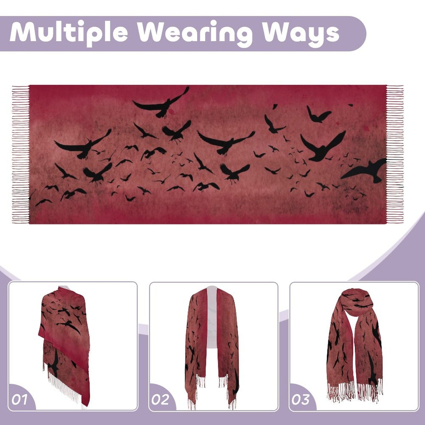 Oxblood Murder of Crows Cashmere-Like Tassel Scarf - Gothic Accessory