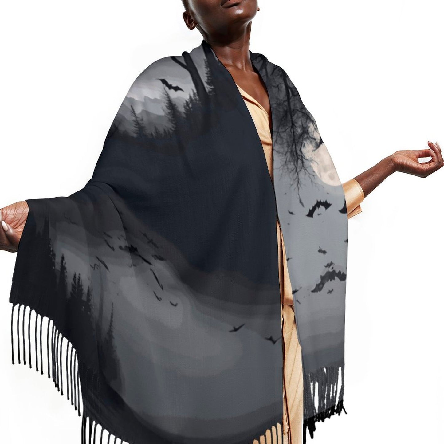Cloud of Bats in Full Moon Cashmere-like Tassel Scarf (All-Over Printing)