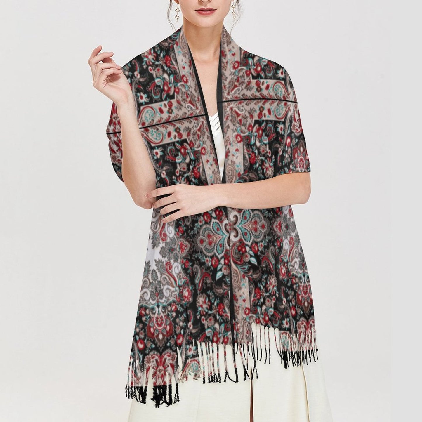 Paisley in Black Cashmere-like Tassel Scarf (All-Over Printing)