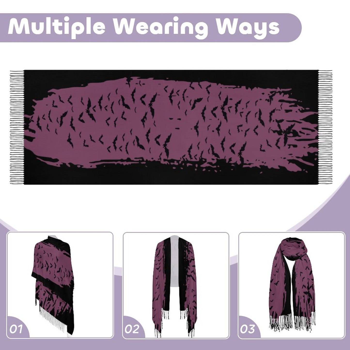 Cloud of Bats in Mauve Cashmere-like Tassel Scarf (All-Over Printing)