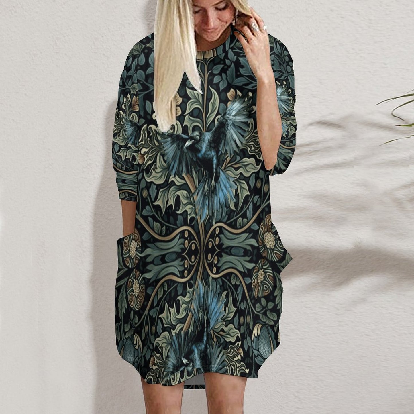 Loose Long-sleeve Dress with Pockets (All-Over Printing)