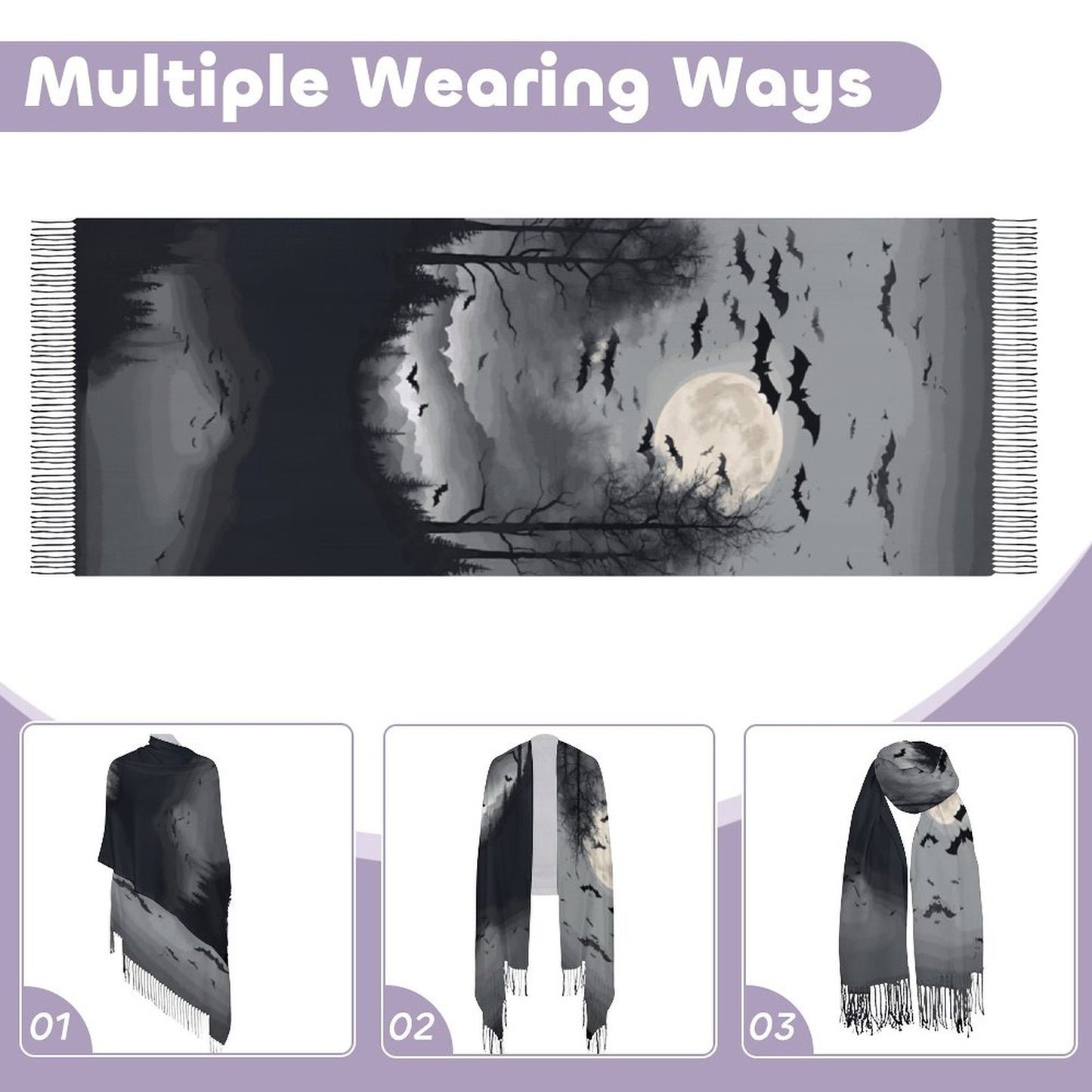 Cloud of Bats in Full Moon Cashmere-like Tassel Scarf (All-Over Printing)