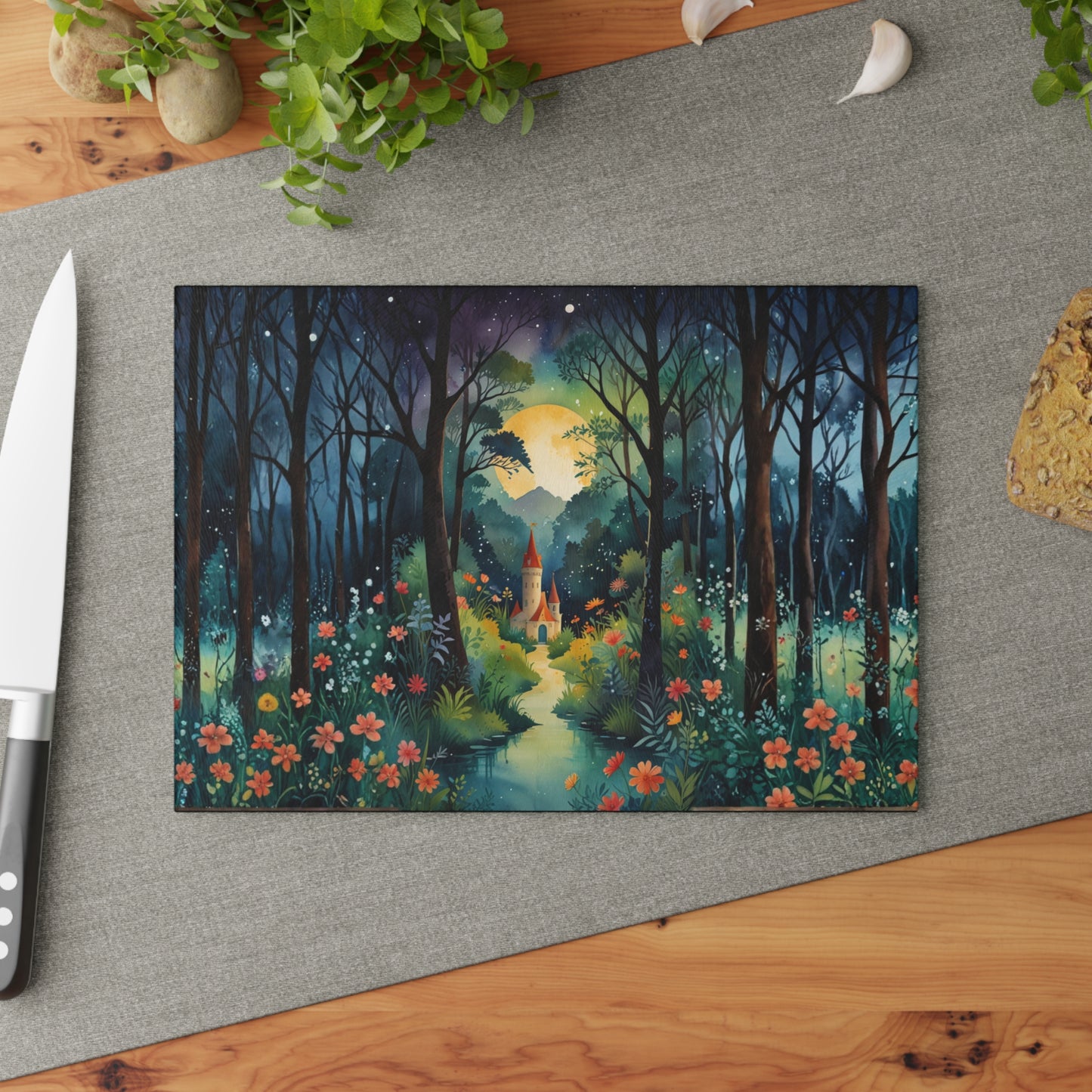 Fairytale Castle Glass Cutting Board | Enchanted Forest Cottage Countertop Protector
