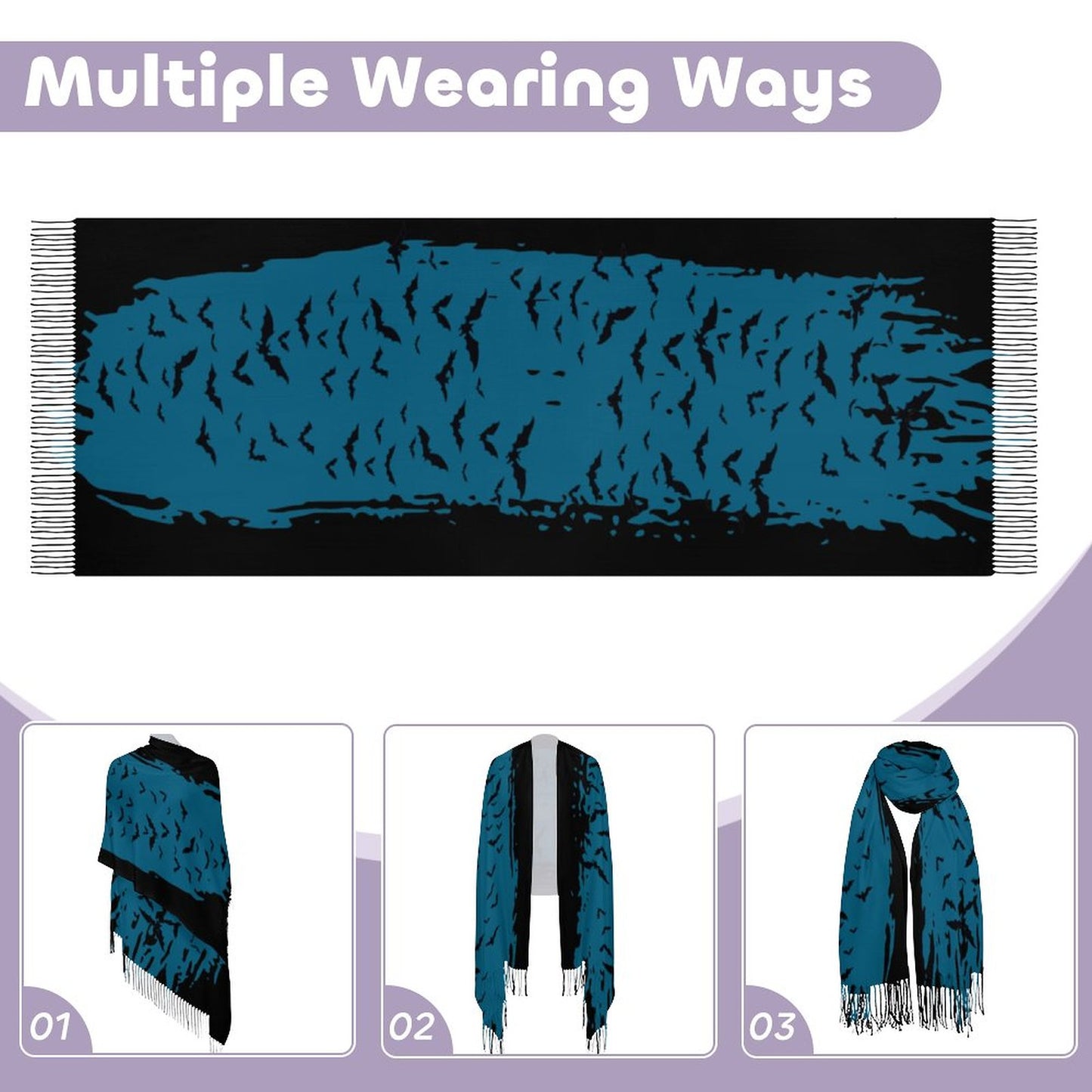 Cloud of Bats in Teal Cashmere-like Tassel Scarf (All-Over Printing)