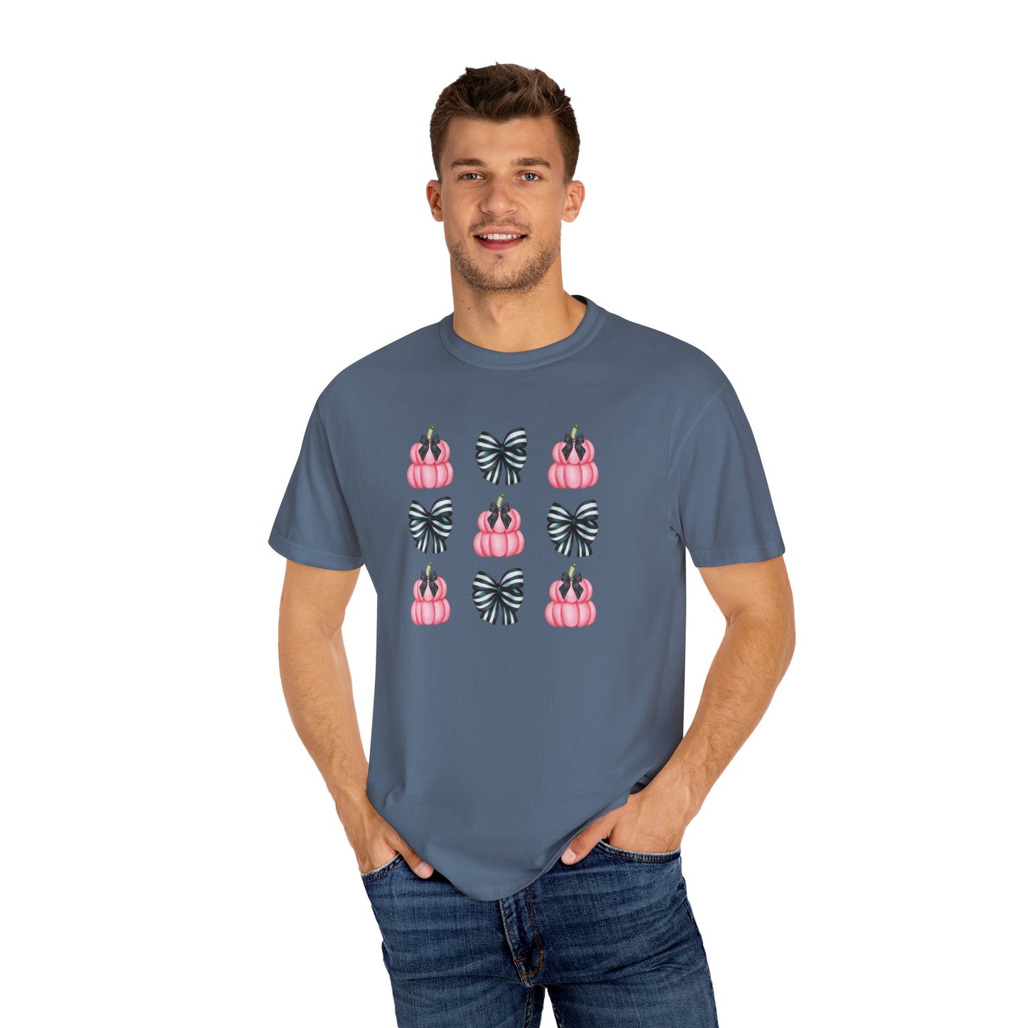 Pink Pumpkins and Striped Bows Unisex Garment-Dyed T-shirt