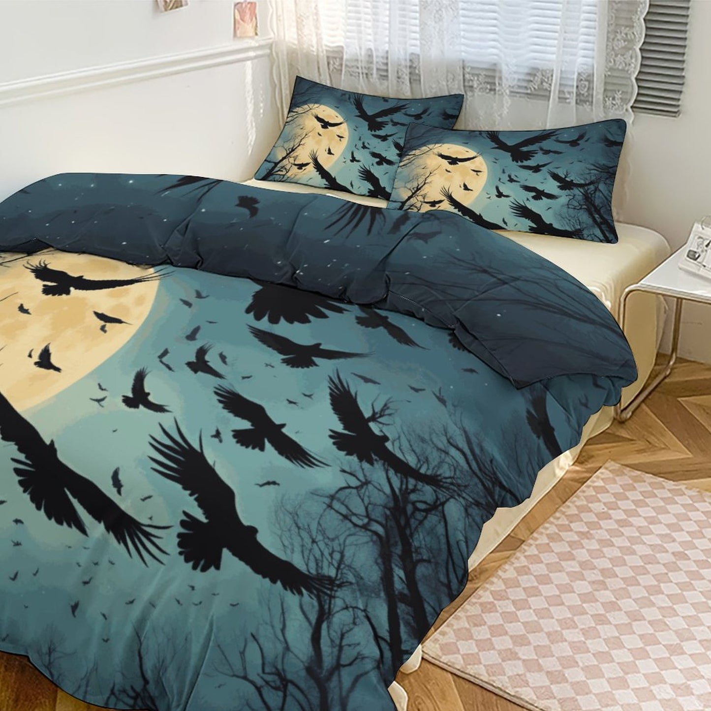 Full Moon Crows 3-Piece Bedding Set-90"x90"/ 229x229cm (Dual-sided Printing)