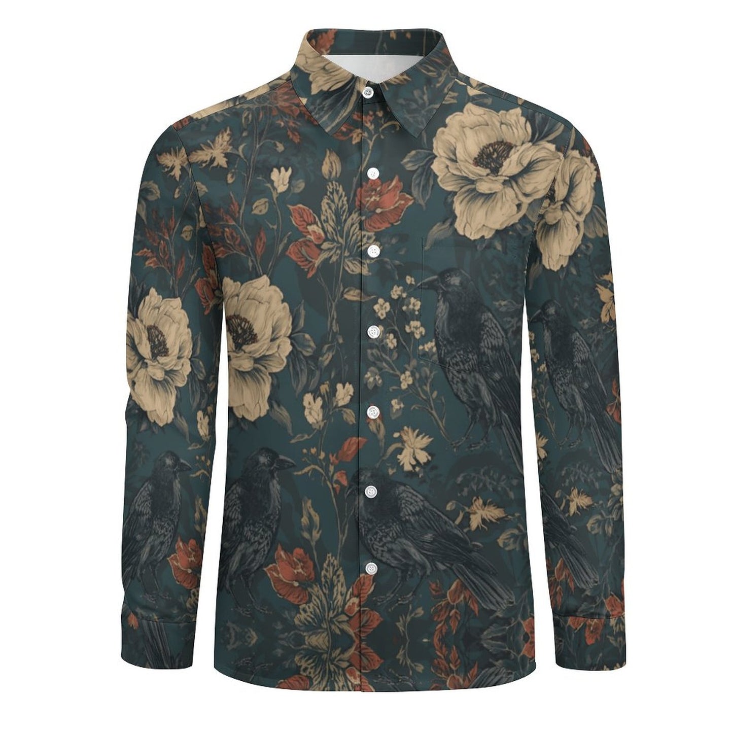 Dark Academia Faux Linen Men Long Sleeve - Dark Botanical Oxford