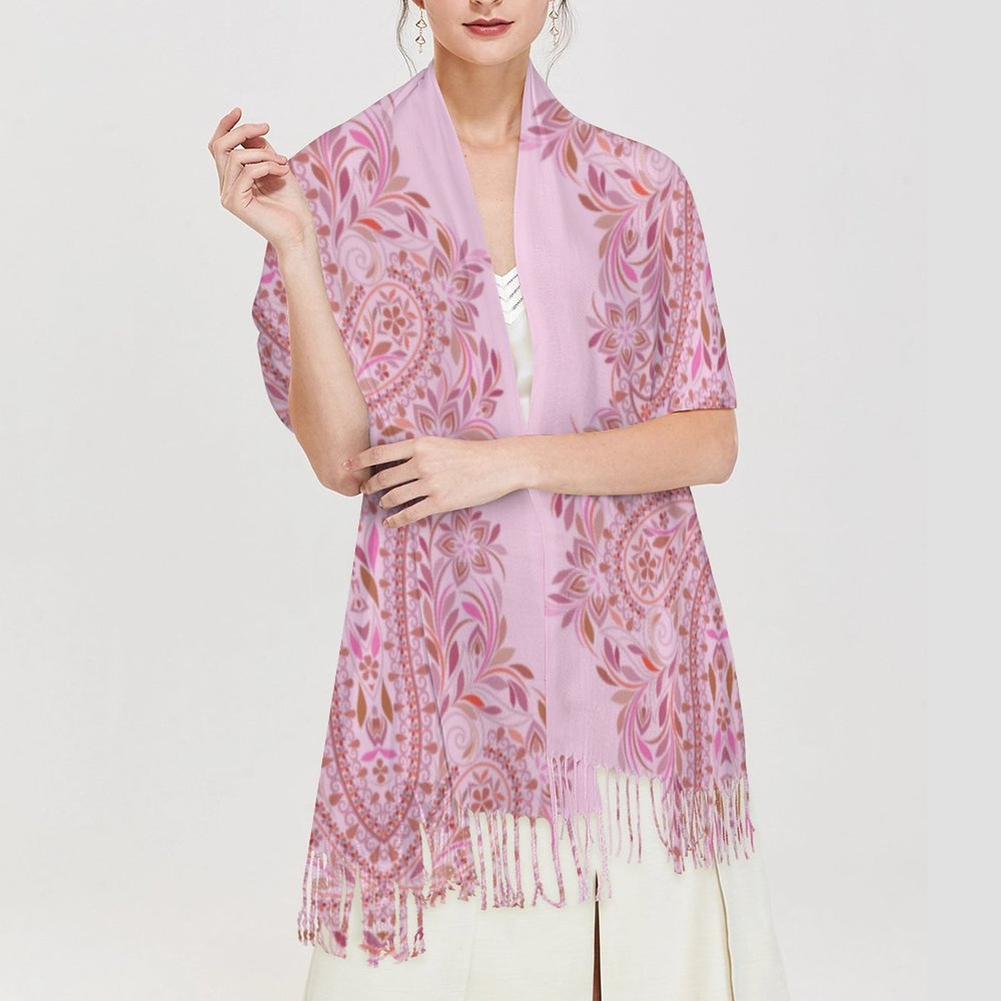 Precious Pink Paisley Cashmere-like Tassel Scarf (All-Over Printing)