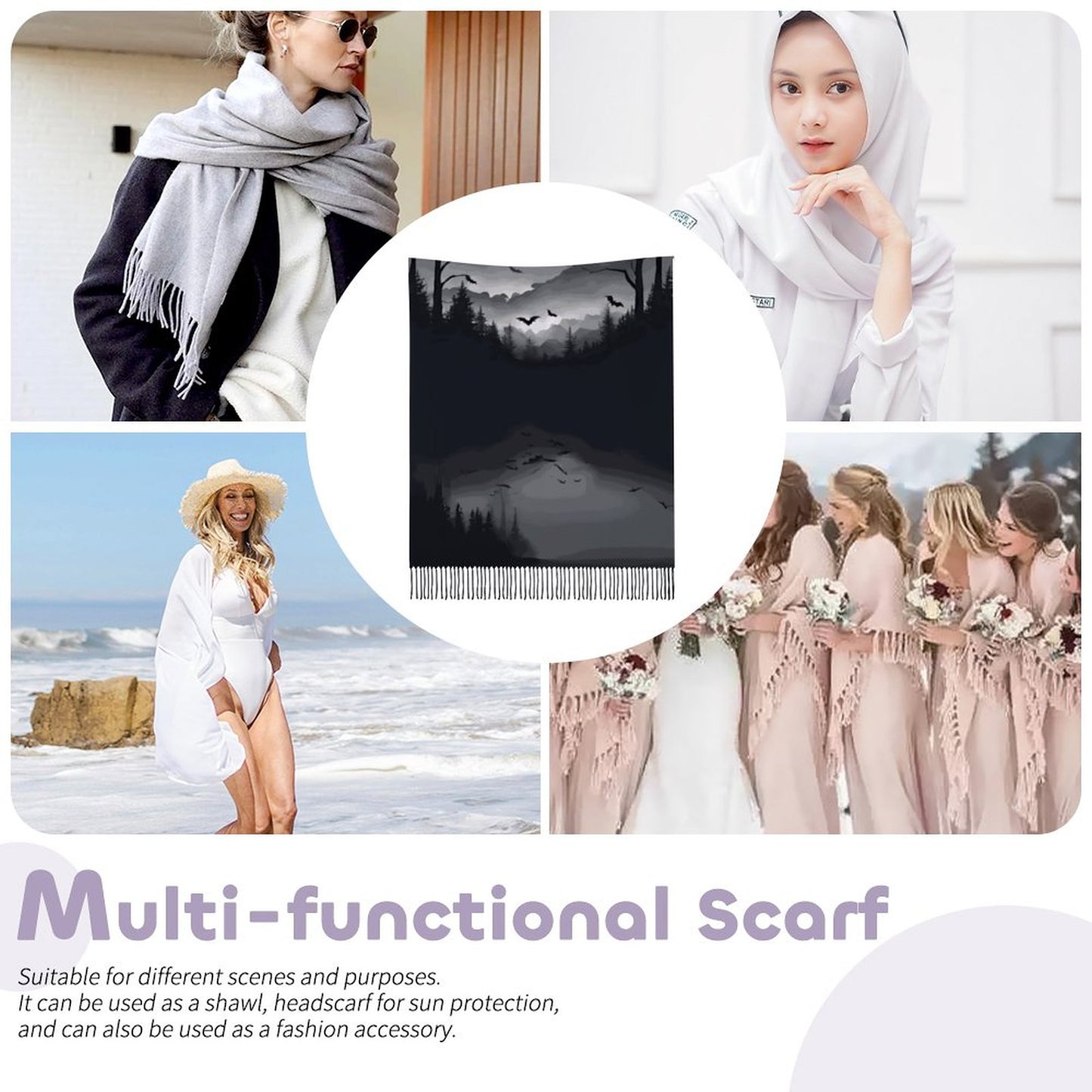 Cloud of Bats in Full Moon Cashmere-like Tassel Scarf (All-Over Printing)