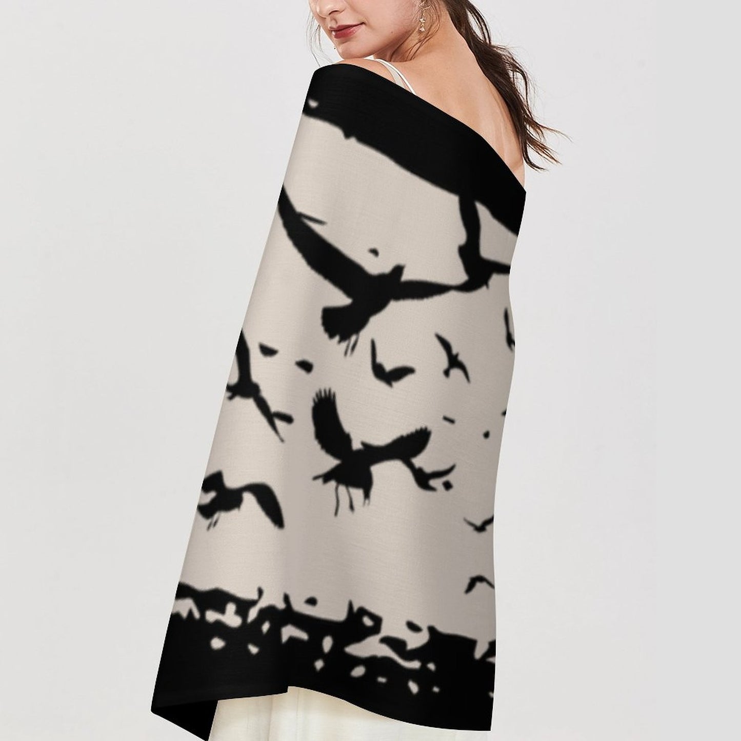 Murder of Crows Cream Tassel Scarf (All-Over Printing)