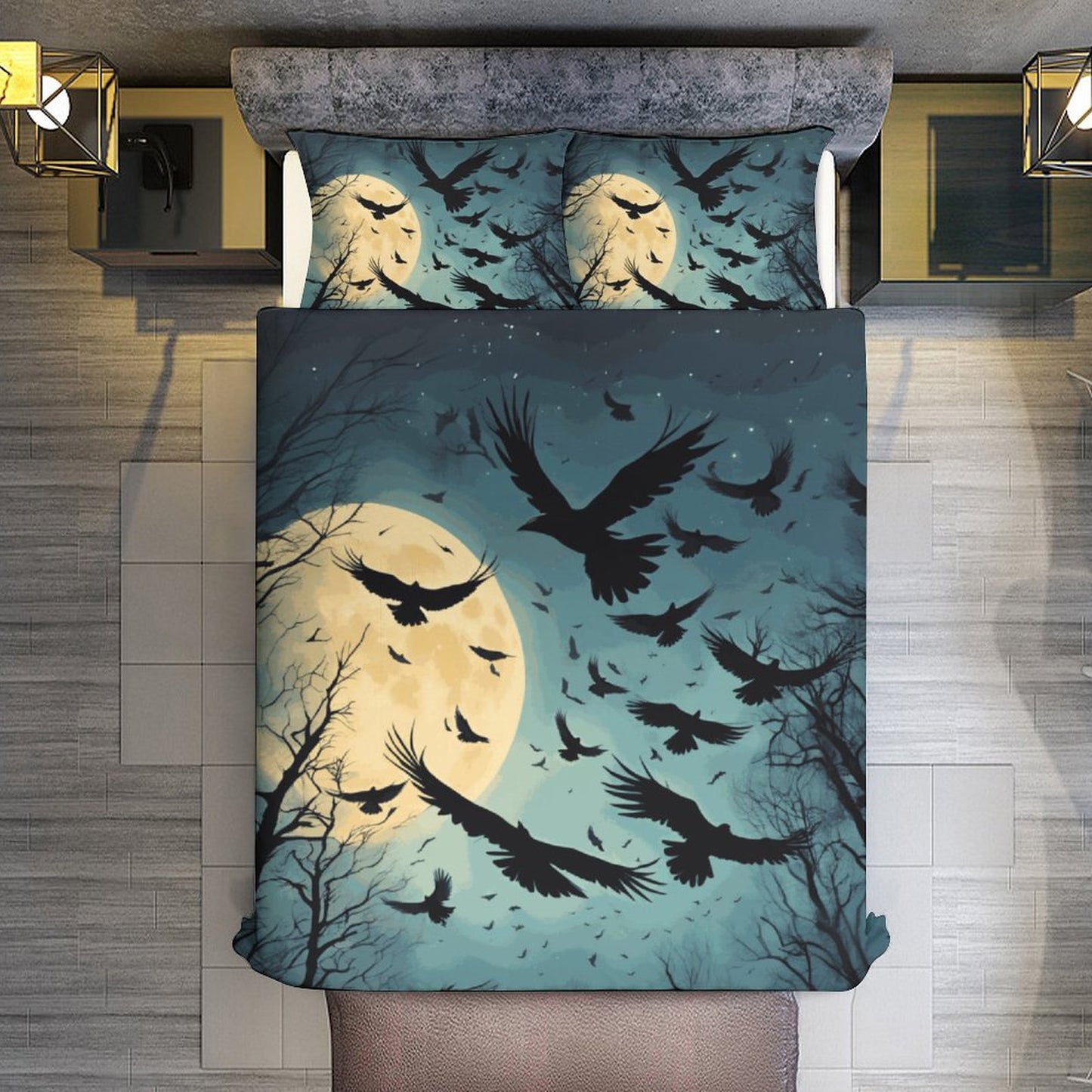 Full Moon Crows 3-Piece Bedding Set-90"x90"/ 229x229cm (Dual-sided Printing)
