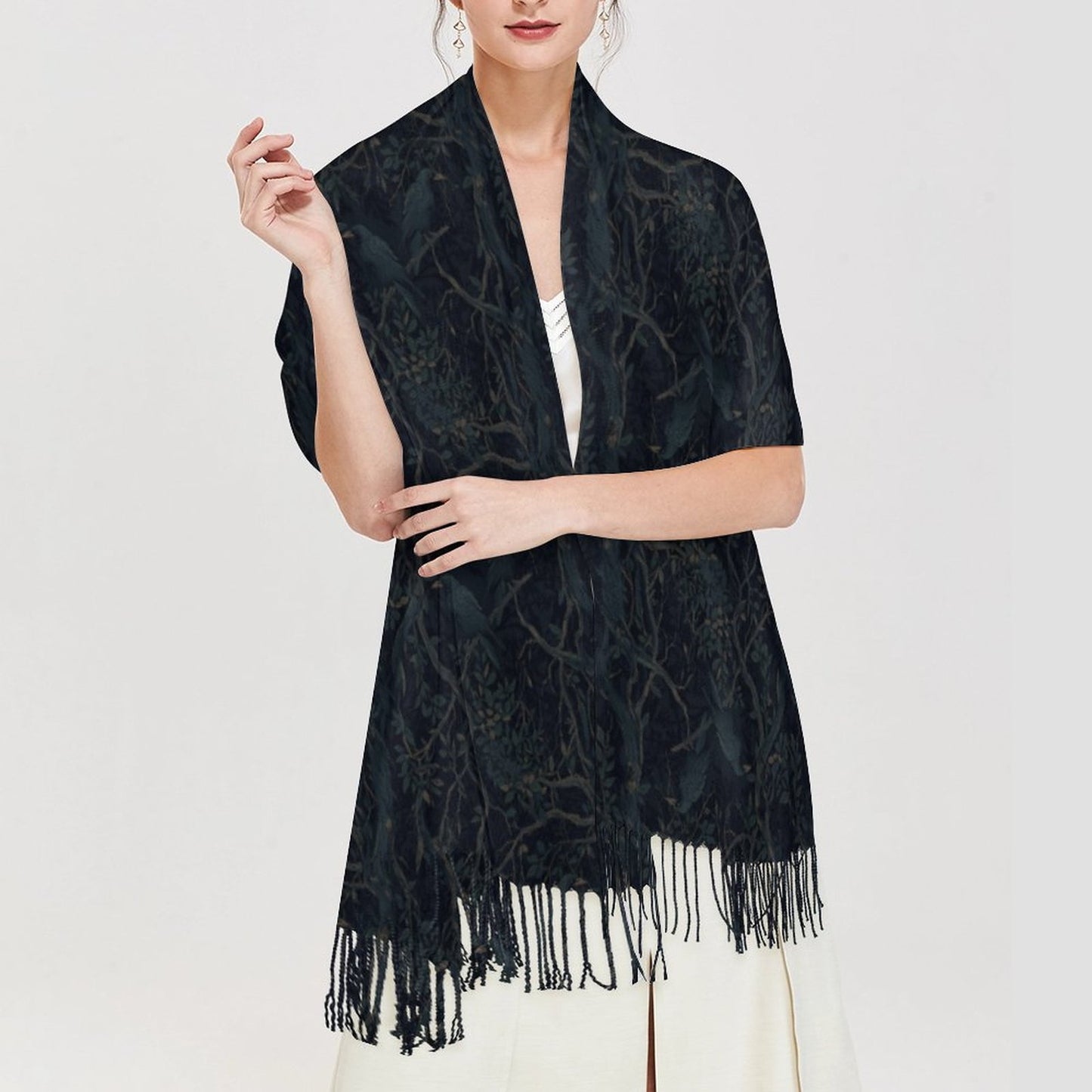 Crow Cashmere-Like Tassel Scarf - Witchy Gothic  Accessory