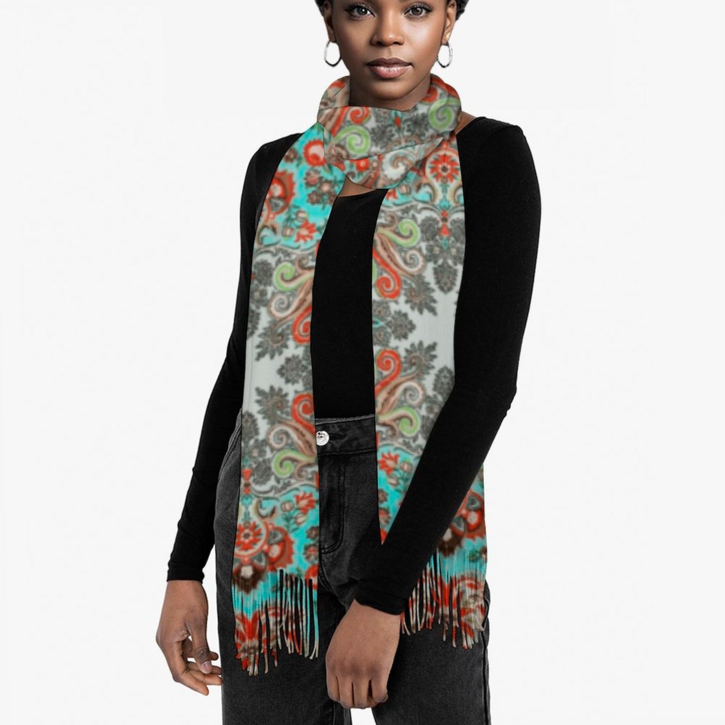 Turquoise in Paisley Cashmere-like Tassel Scarf (All-Over Printing)