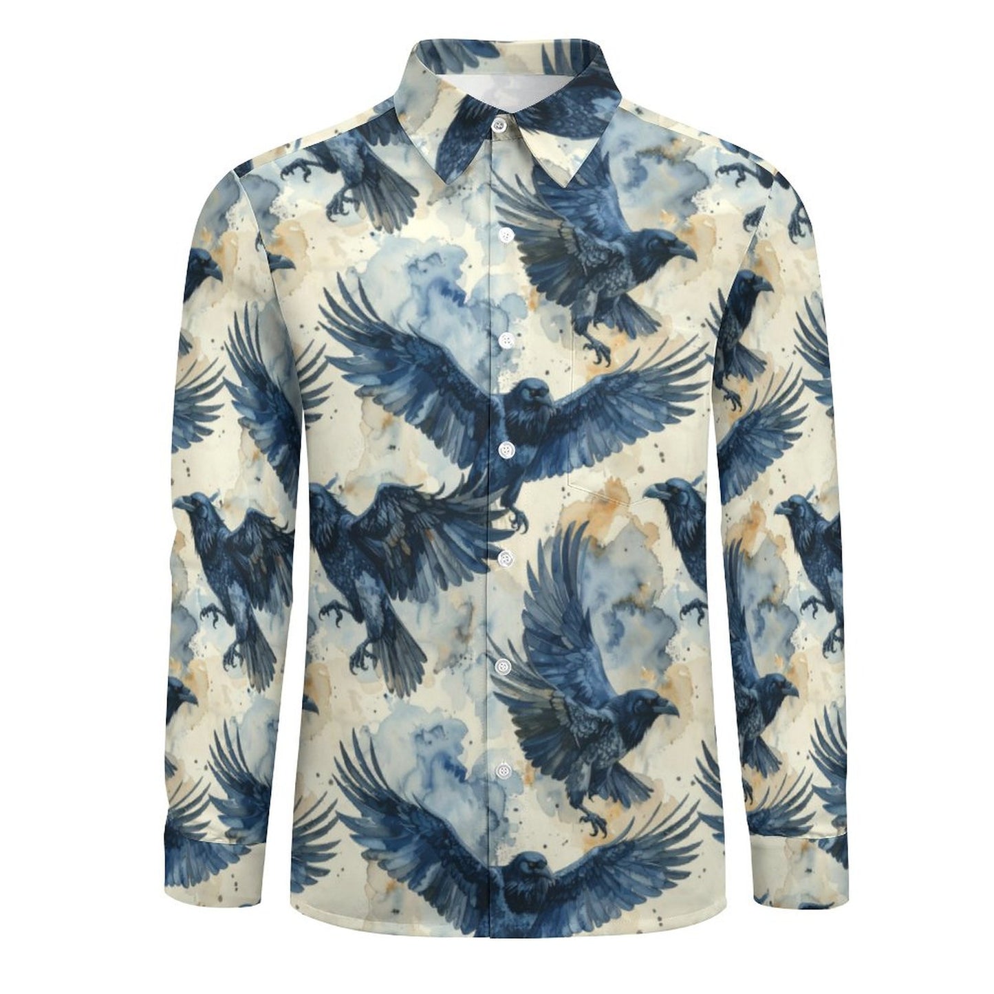 Crow's in Flight Faux Linen Men Long Sleeve Shirt with Pocket - Gothic Clothing