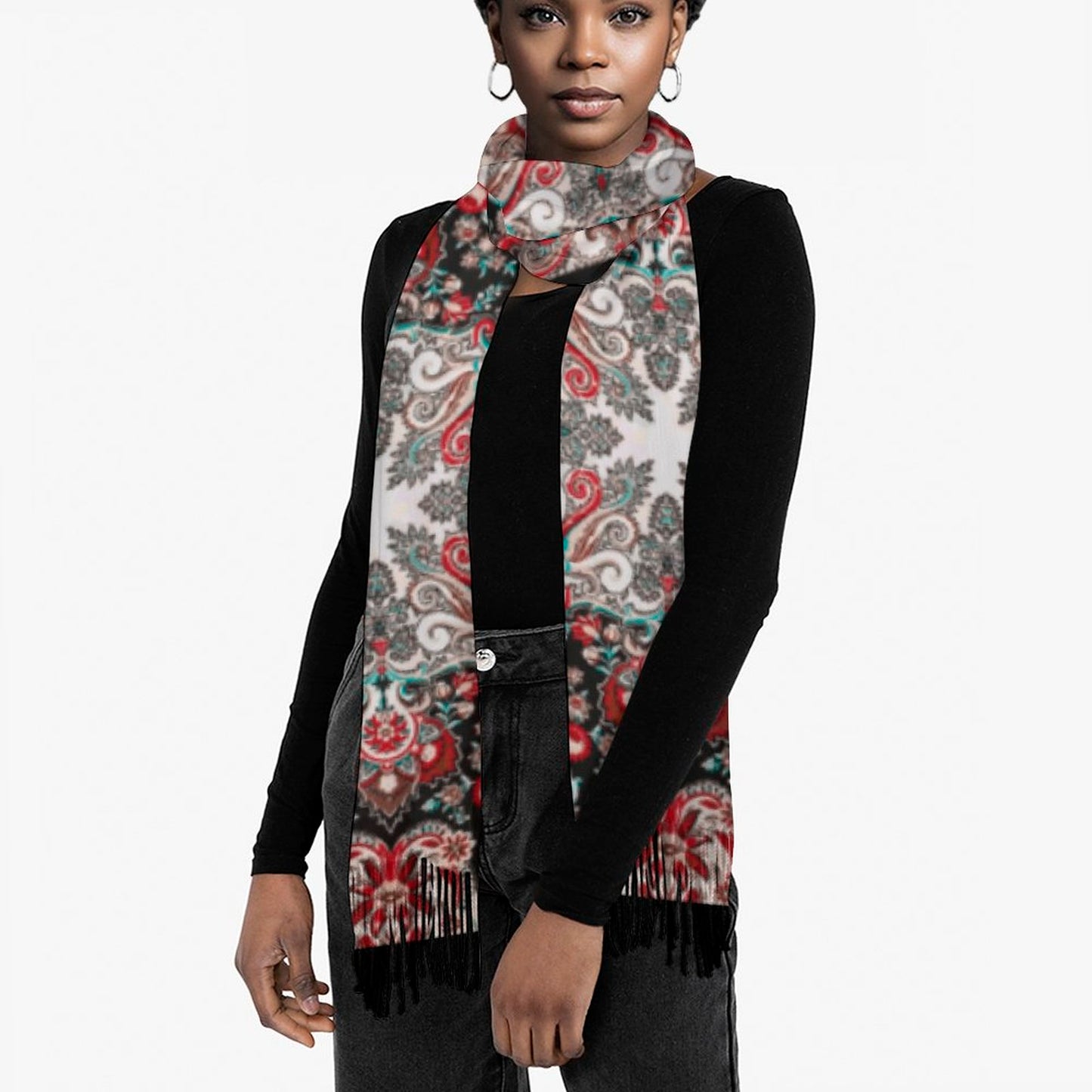 Paisley in Black Cashmere-like Tassel Scarf (All-Over Printing)