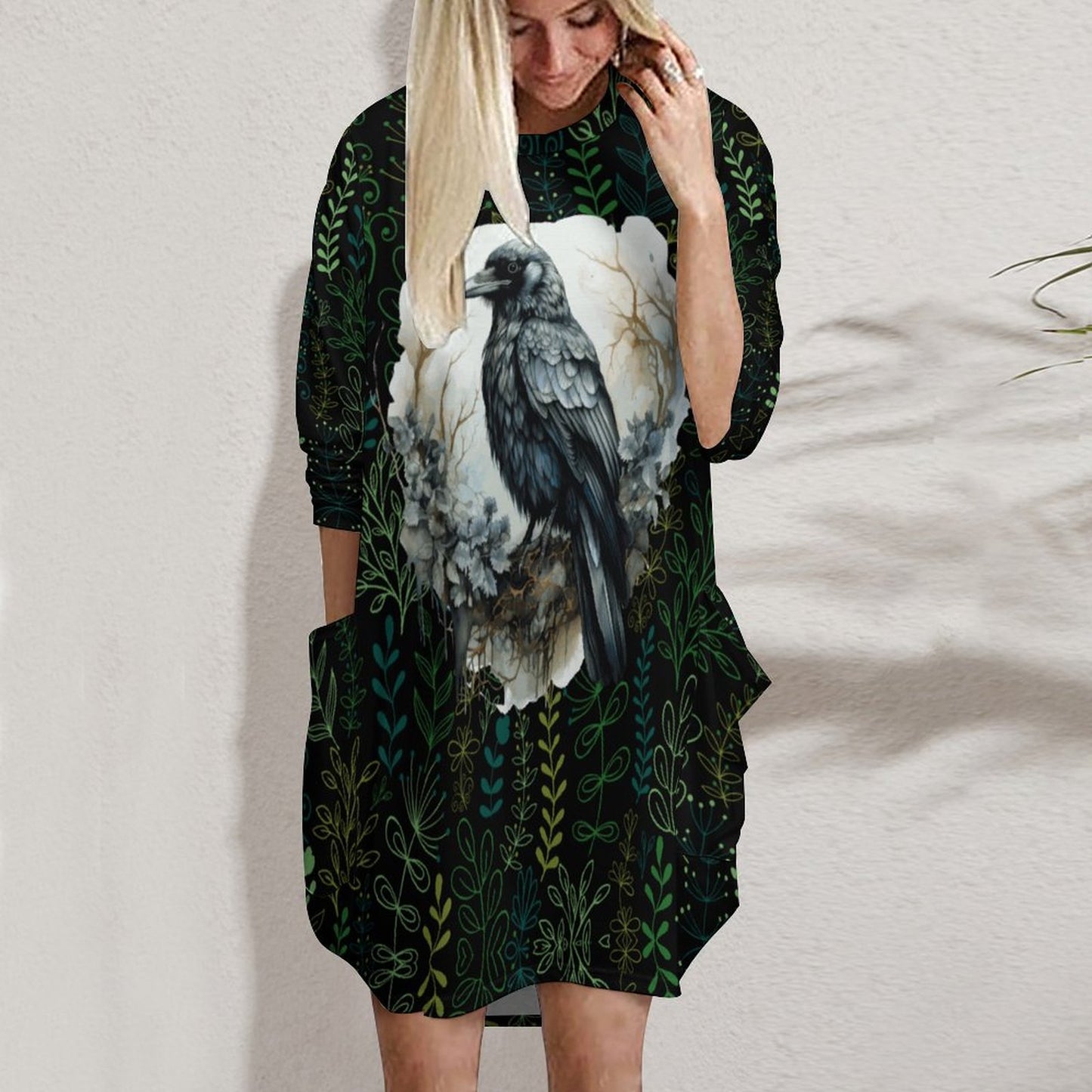 Loose Long-sleeve Dress with Pockets (All-Over Printing)