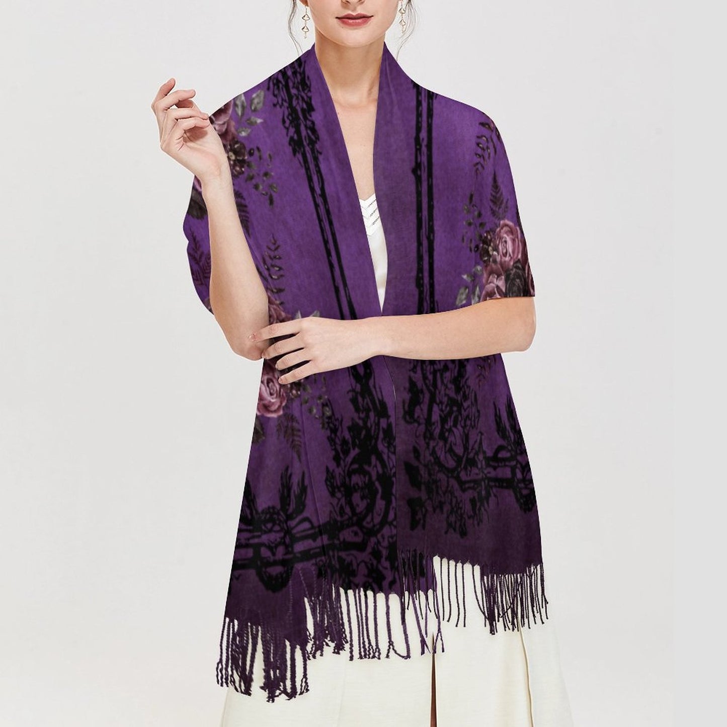 Gothic Roses Cashmere-like Tassel Scarf (All-Over Printing)