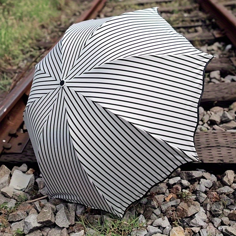 Modern Style Water-Resistant Multipurpose Umbrella with Iron Shaft - White Striped Lace Trim for Rainy and Sunny Days - Rectangle Shape with Base Included