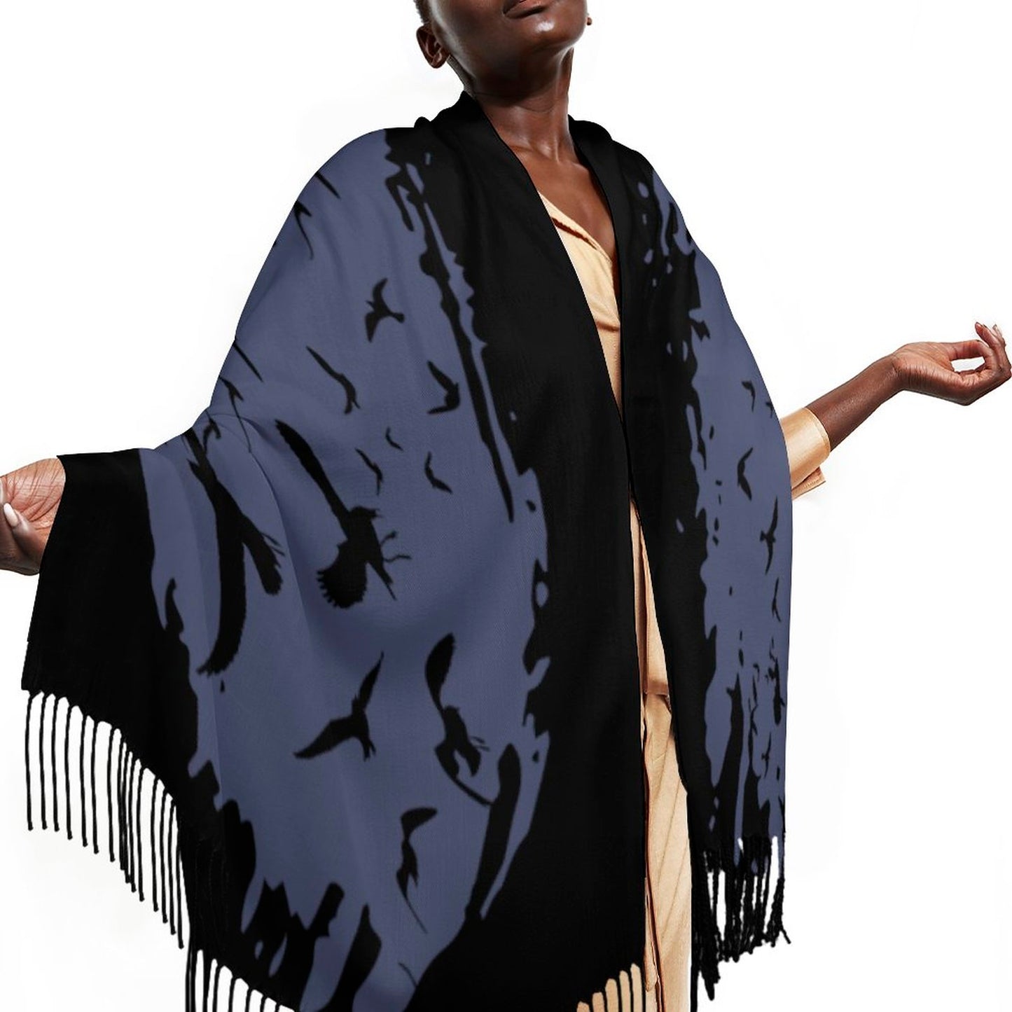 Crown Blue Cashmere-like Tassel Scarf (All-Over Printing)