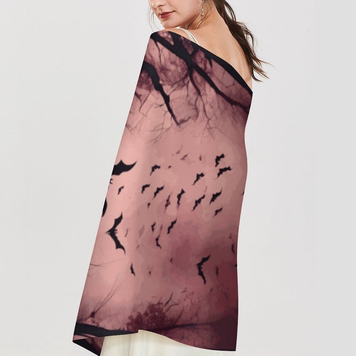 Cloud of Bats in Oxblood Forest Cashmere-like Tassel Scarf (All-Over Printing)