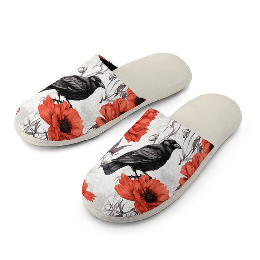 Crow and Poppies Flannel Ladies Cotton Slippers