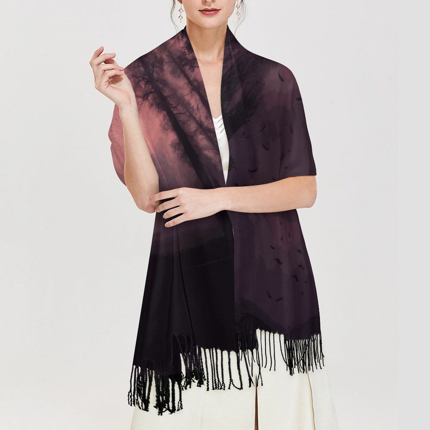 Cloud of Bats in Mystical Forest Cashmere-like Tassel Scarf (All-Over Printing)