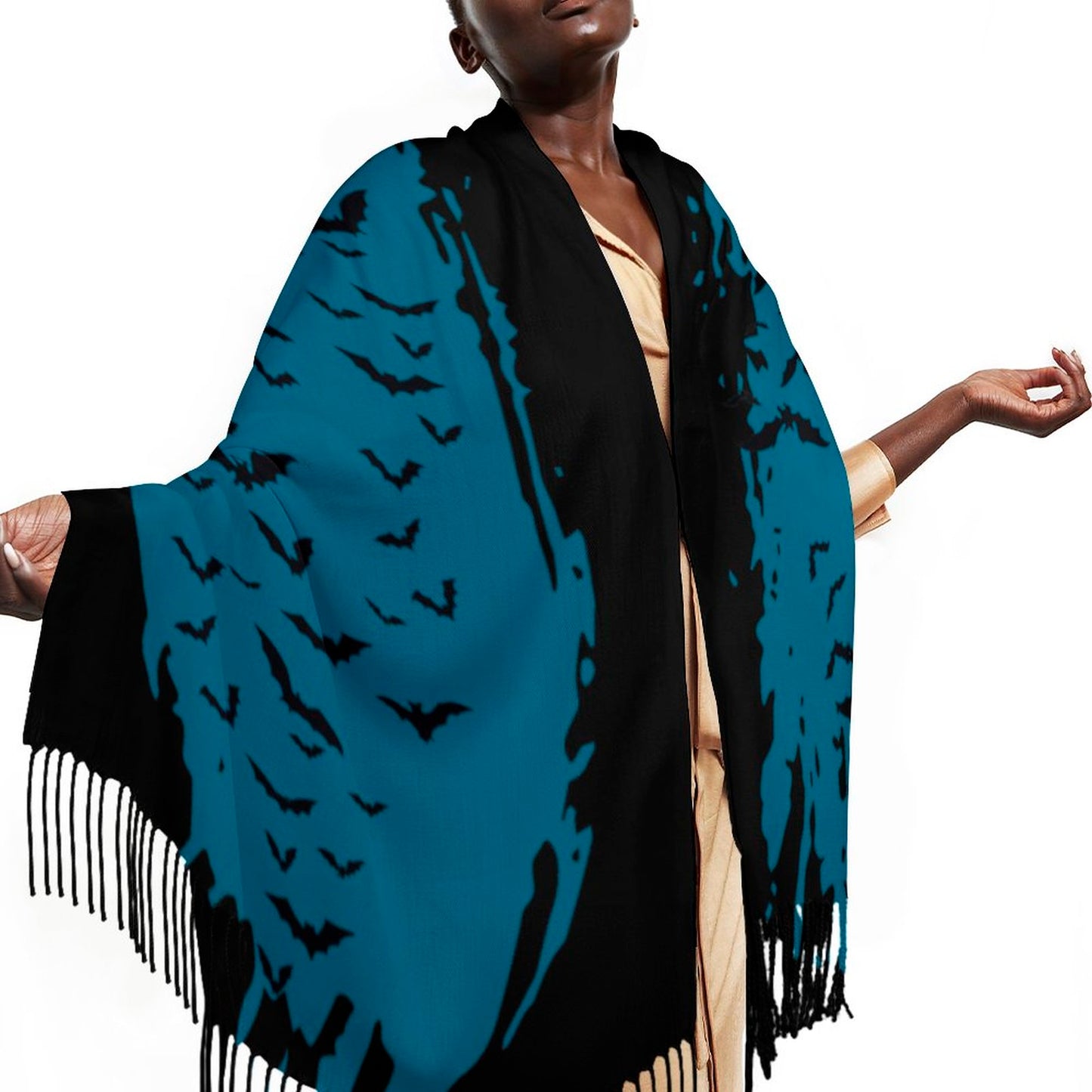 Cloud of Bats in Teal Cashmere-like Tassel Scarf (All-Over Printing)