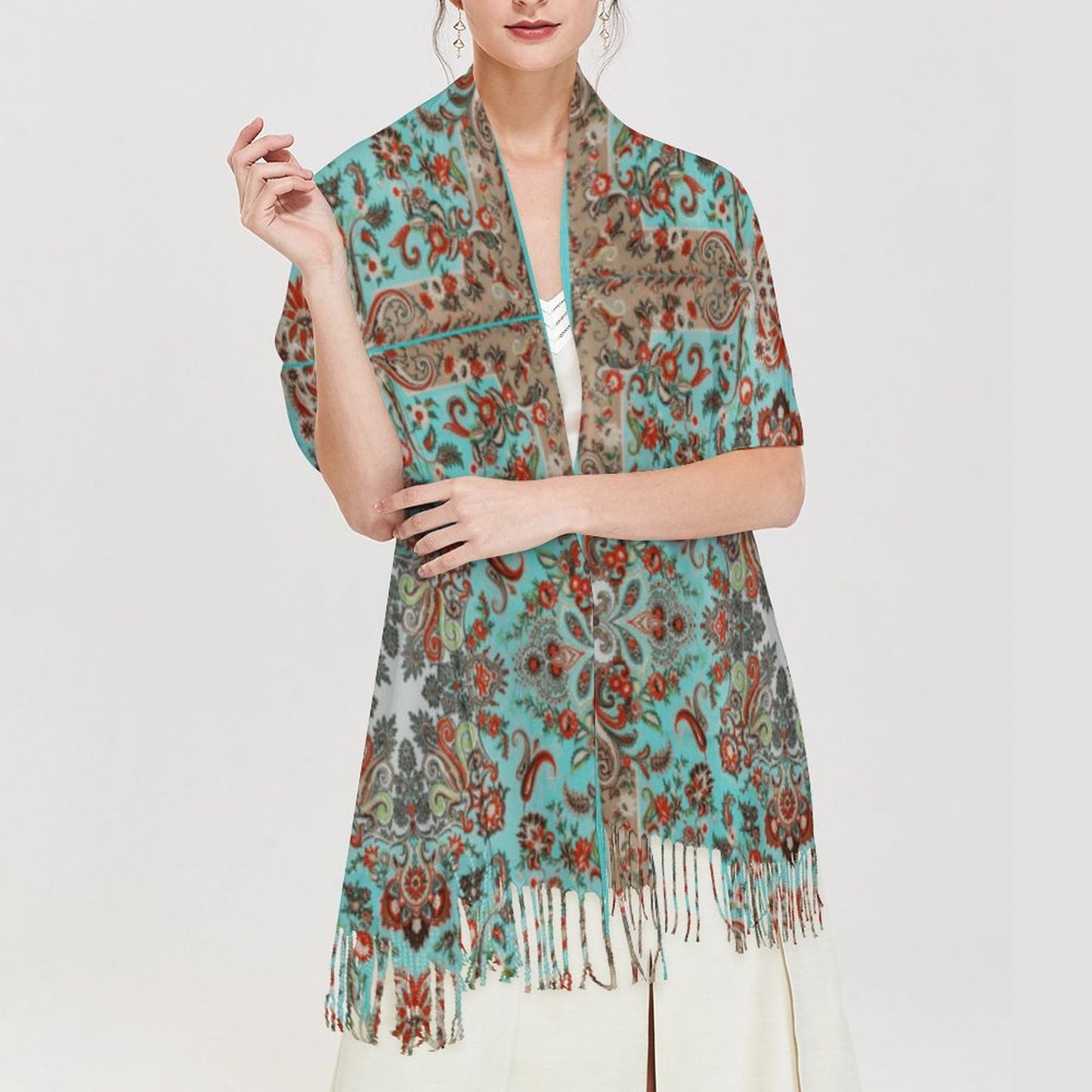 Turquoise in Paisley Cashmere-like Tassel Scarf (All-Over Printing)
