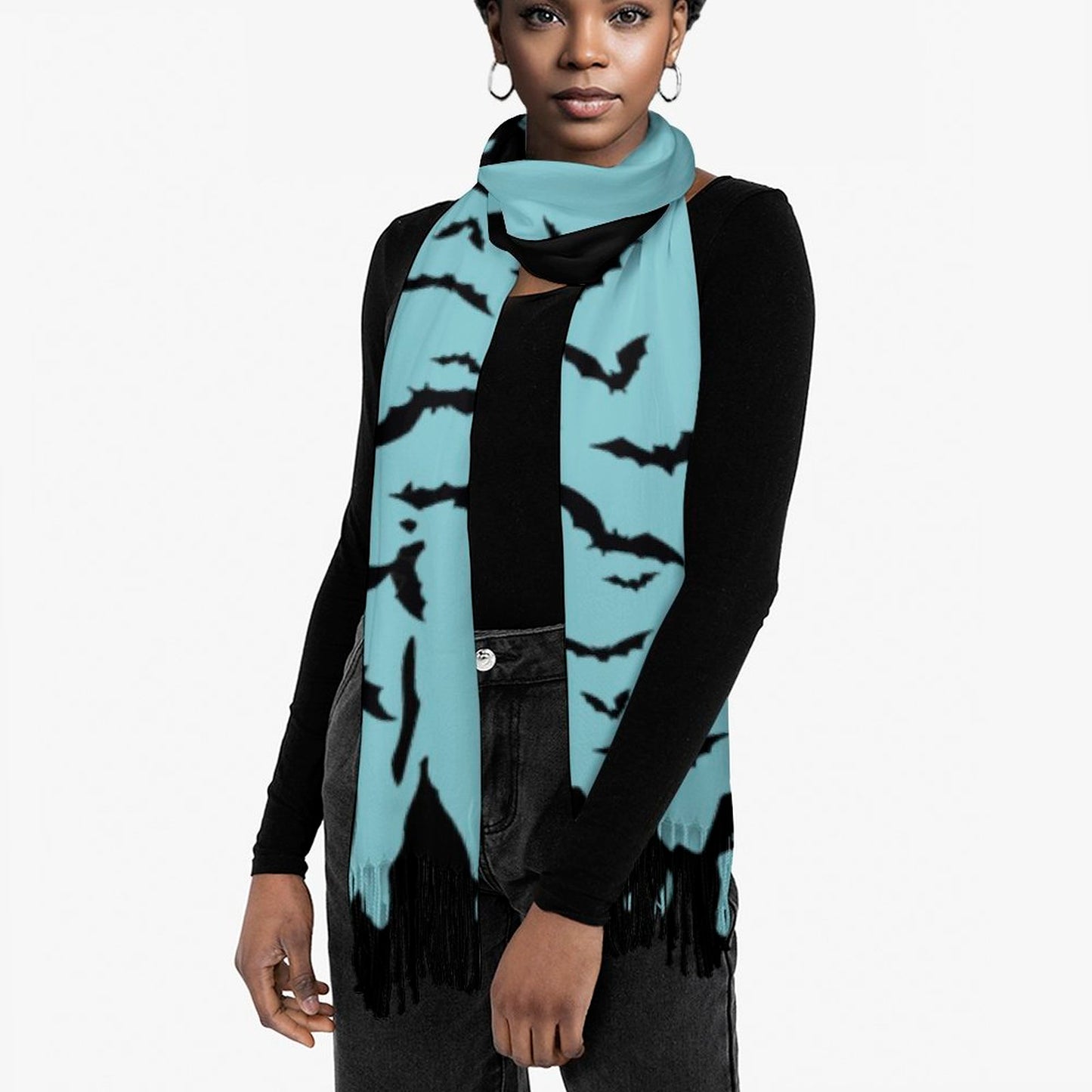 Cloud of Bats in Seafoam Cashmere-like Tassel Scarf (All-Over Printing)