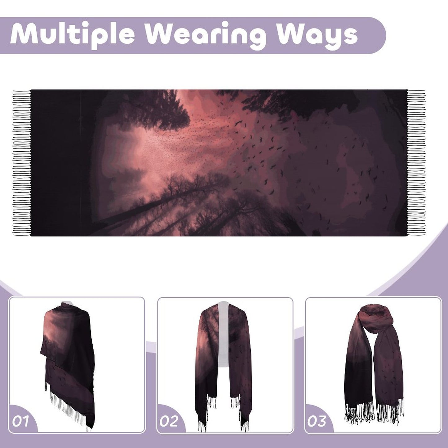 Cloud of Bats in Mystical Forest Cashmere-like Tassel Scarf (All-Over Printing)
