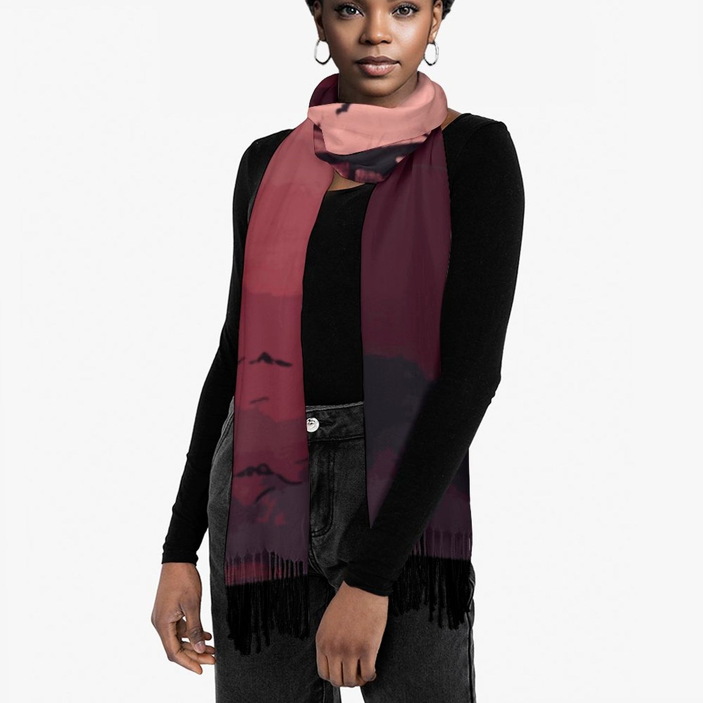 Cloud of Bats in Oxblood Forest Cashmere-like Tassel Scarf (All-Over Printing)