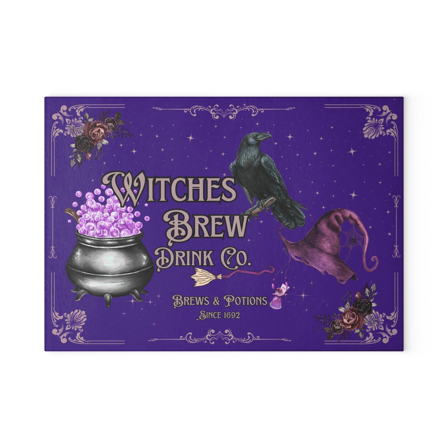 Witches Brew Cauldron Raven Glass Cutting Board | Witchy Kitchen Decor