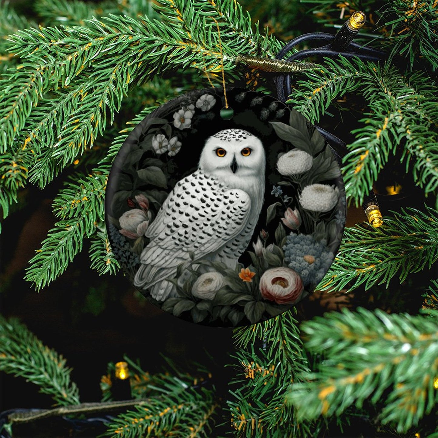 Winter Owl Round Christmas Ceramic Ornament