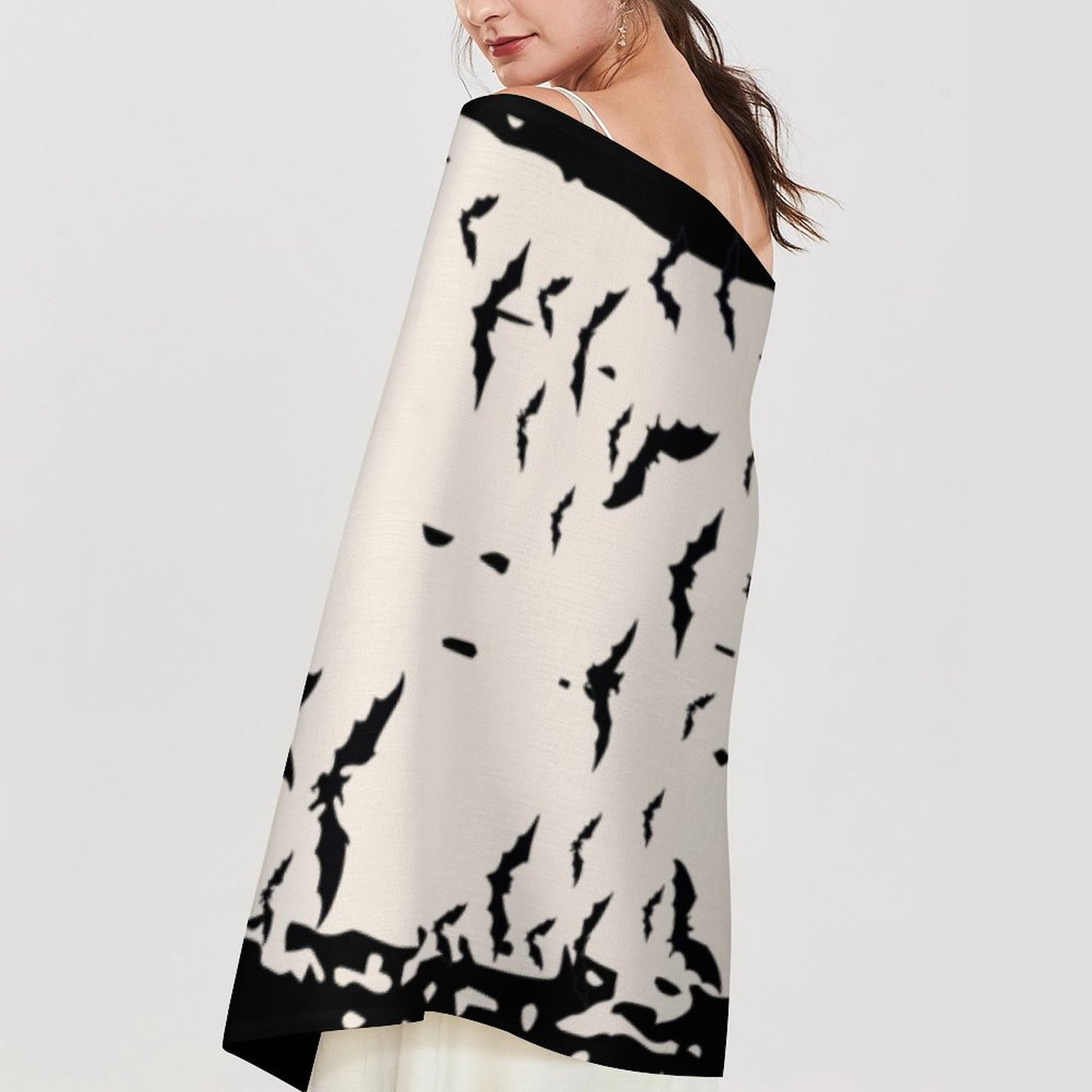 Cloud of Bats Cream Cashmere-like Tassel Scarf (All-Over Printing)