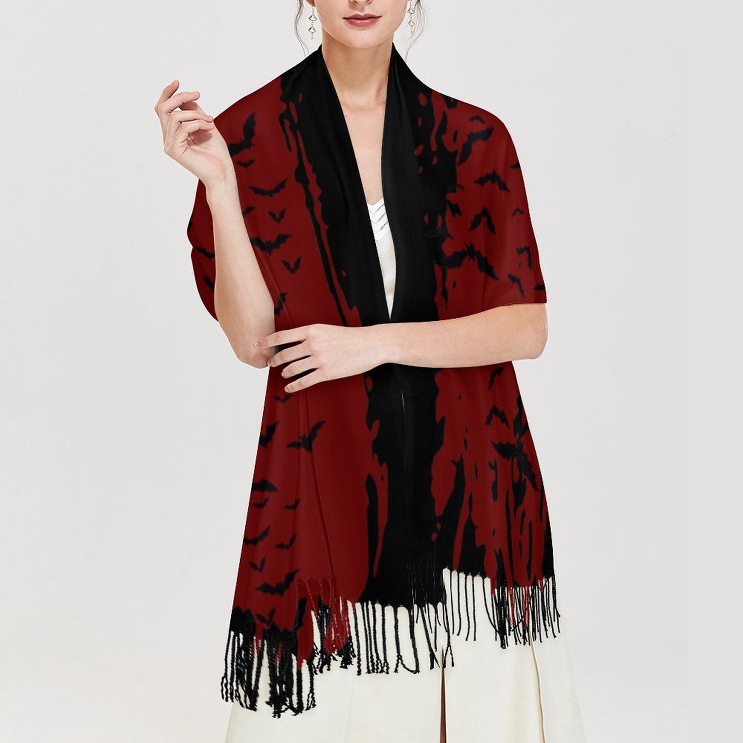 Cloud of Bats Oxblood Cashmere-like Tassel Scarf (All-Over Printing)