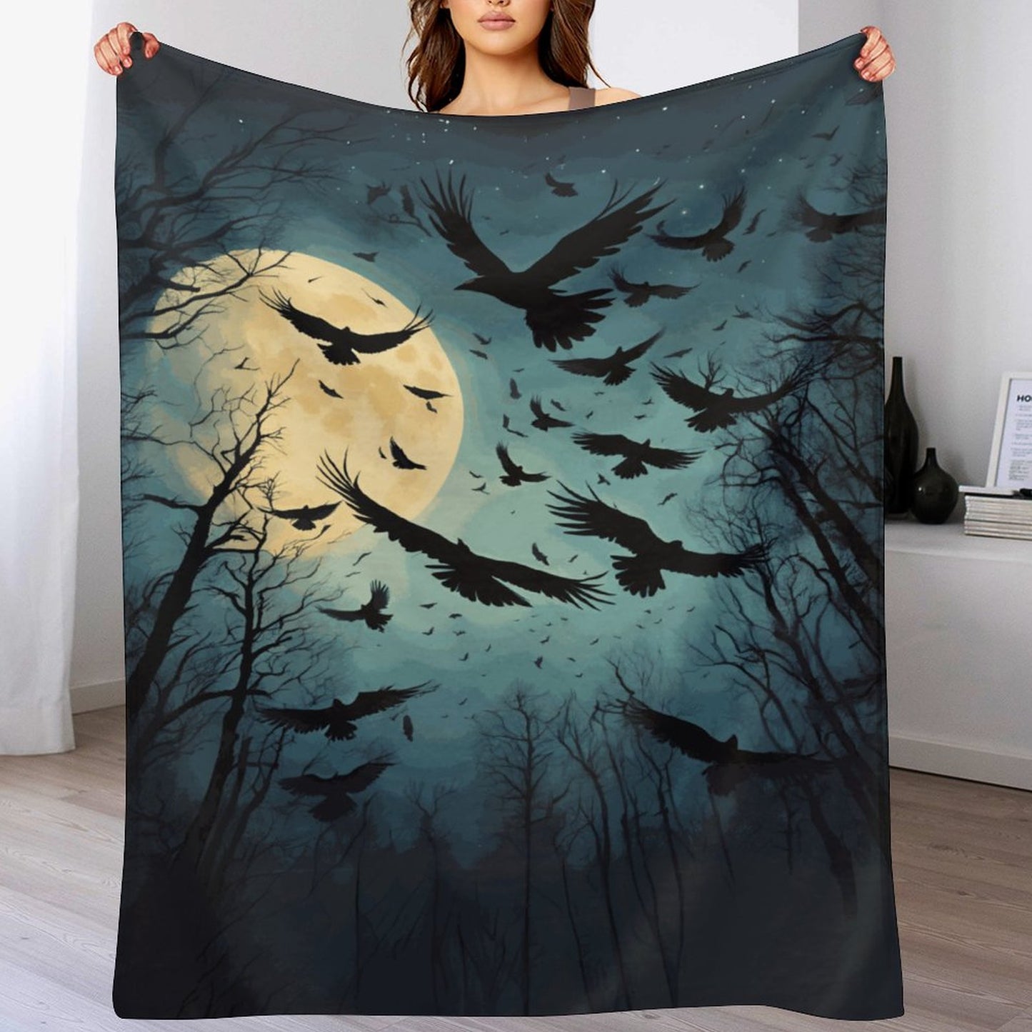 Full Moon Murder of Crows 280gsm Flannel Blanket-60"x80" (Dual-sided Printing)