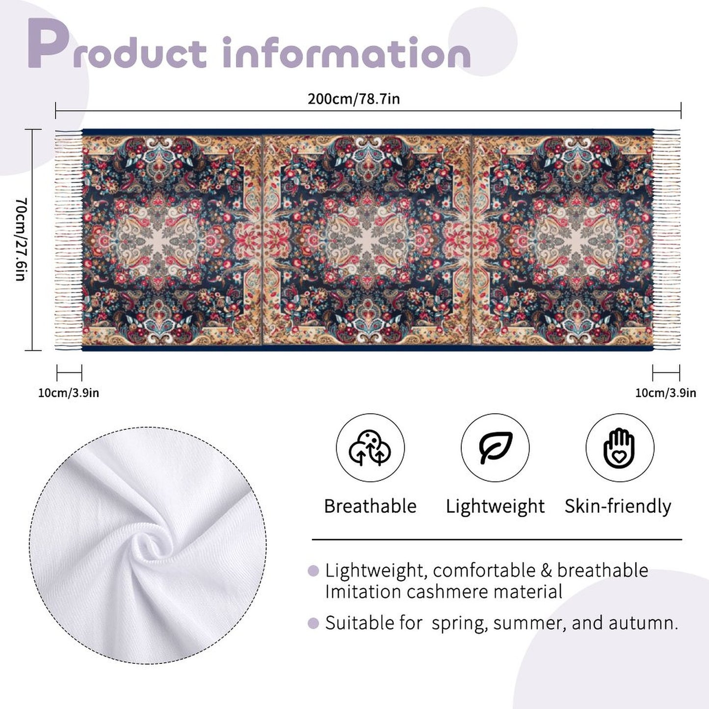 Paisley in Navy Cashmere-like Tassel Scarf (All-Over Printing)