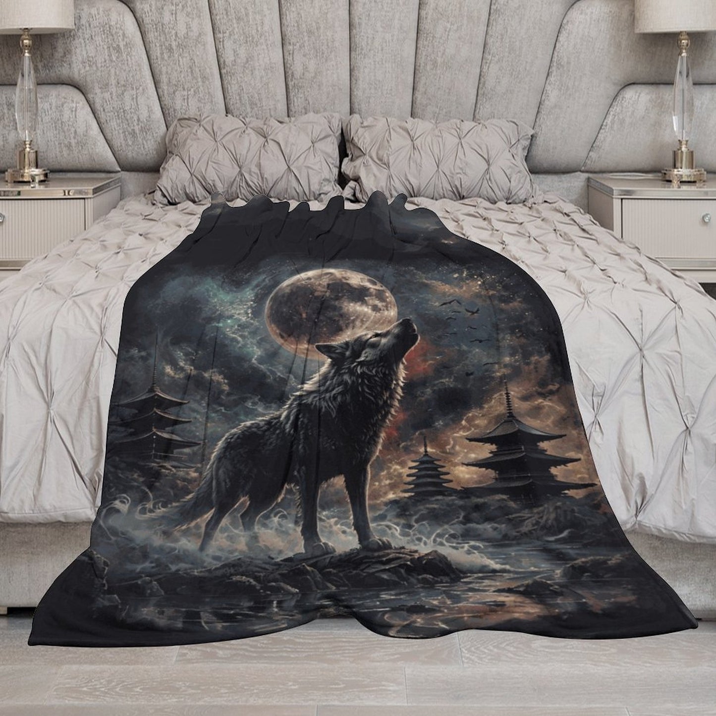 Viking Howling Wolf 280gsm Flannel Blanket-60"x80" (Dual-sided Printing)