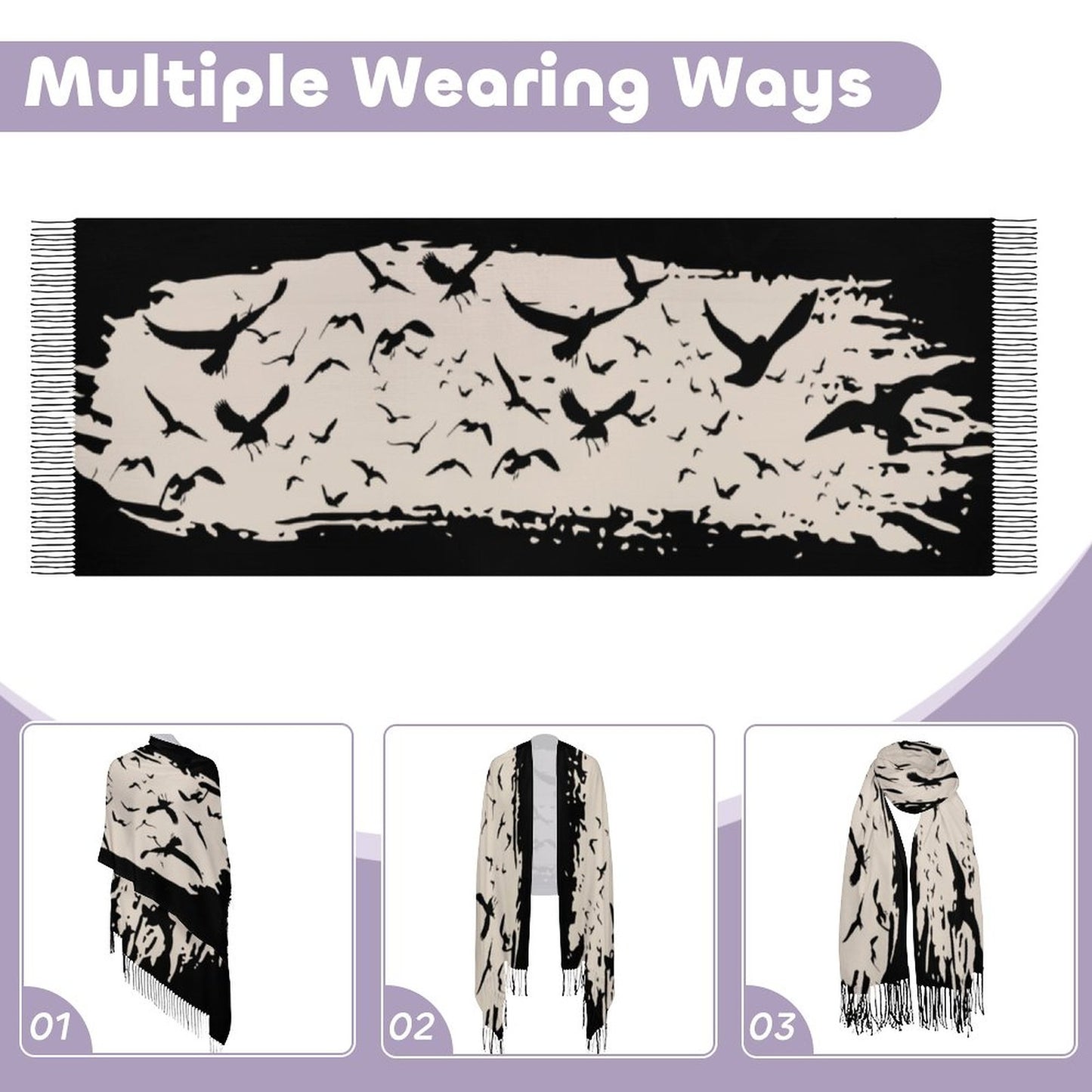 Murder of Crows Cream Tassel Scarf (All-Over Printing)