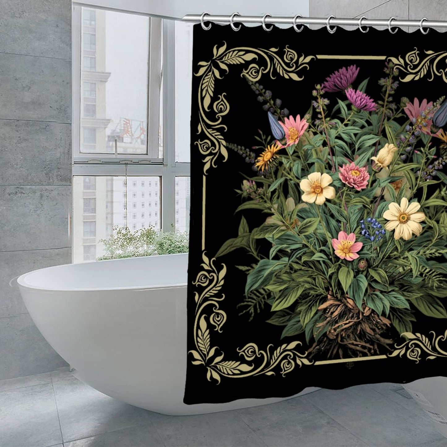 Black Poisonous Witchcraft Floral Waterproof Shower Curtain - Witchy Accessory