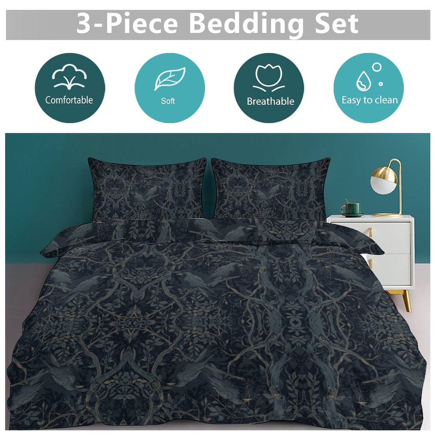 William Morris Inspired 3-Piece Bedding Set-90"x90"/ 229x229cm (Dual-sided Printing)