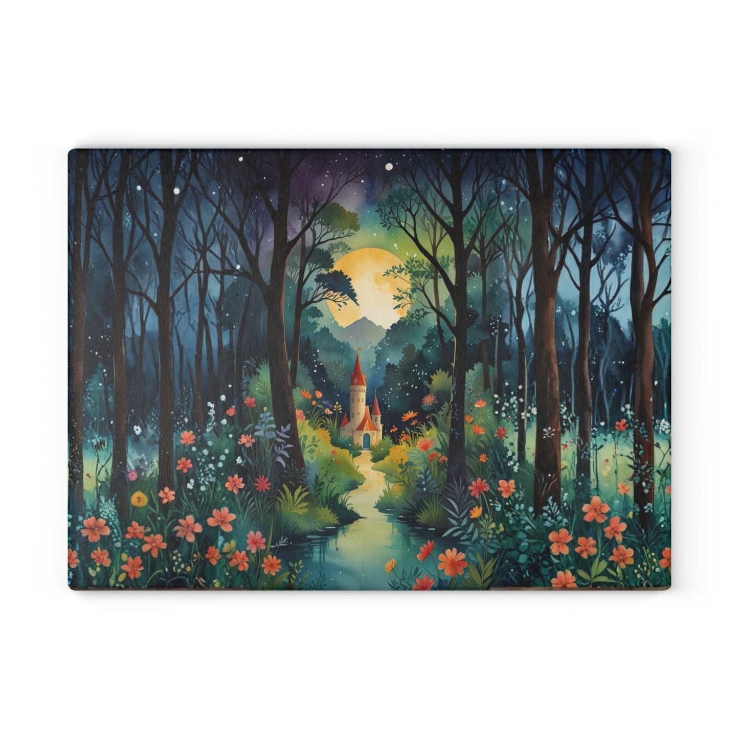 Fairytale Castle Glass Cutting Board | Enchanted Forest Cottage Countertop Protector