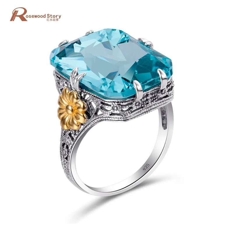 925 Sterling Silver Aquamarine Flower Ring