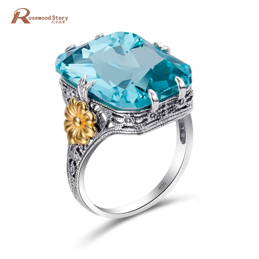 925 Sterling Silver Aquamarine Flower Ring